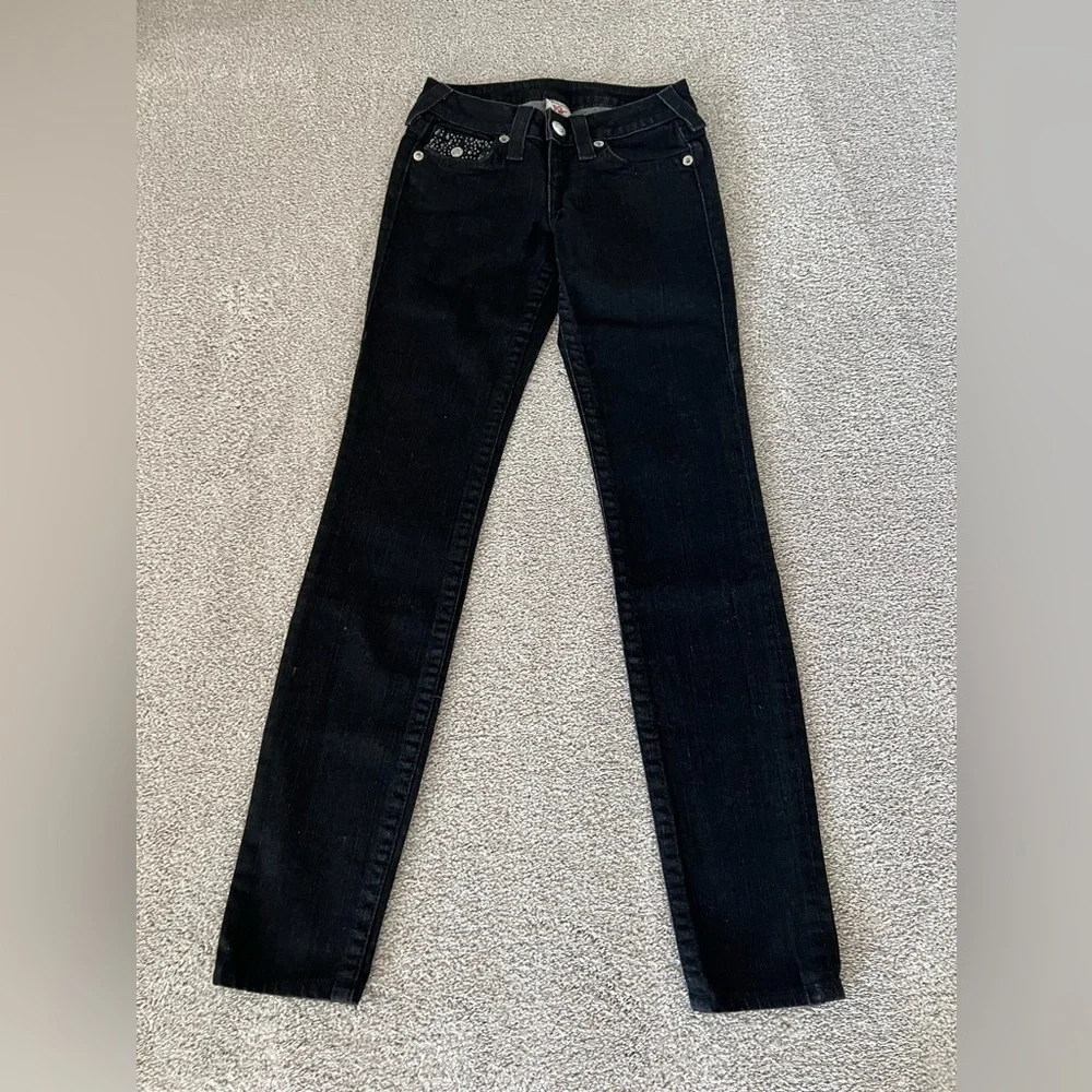 True Religion Skinny Low Rise Jeans – Size 24 – Black w/ Swarovski Rhinestones - Picture 3 of 12